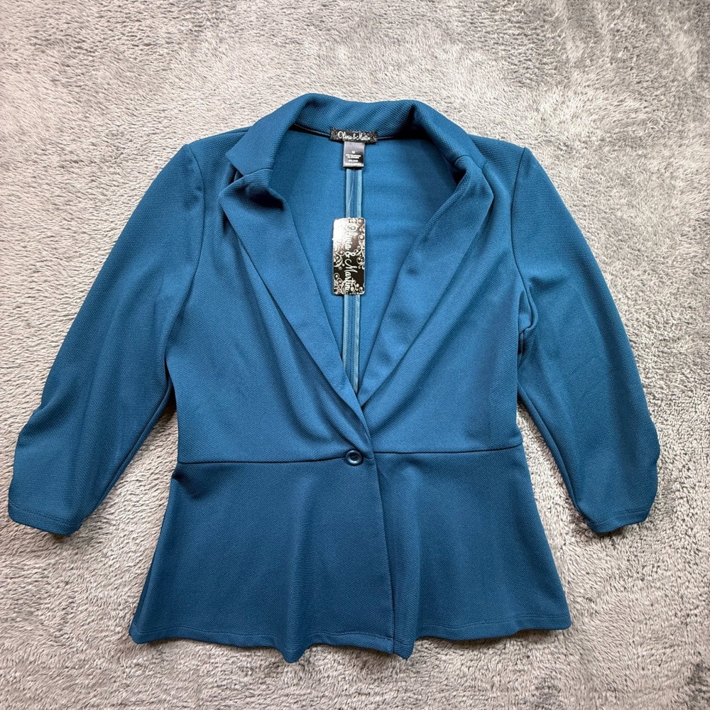 Olivia & Martin Peplum Jacket Womens Medium Blue NWT Textured 3/4 Sleeve Blazer